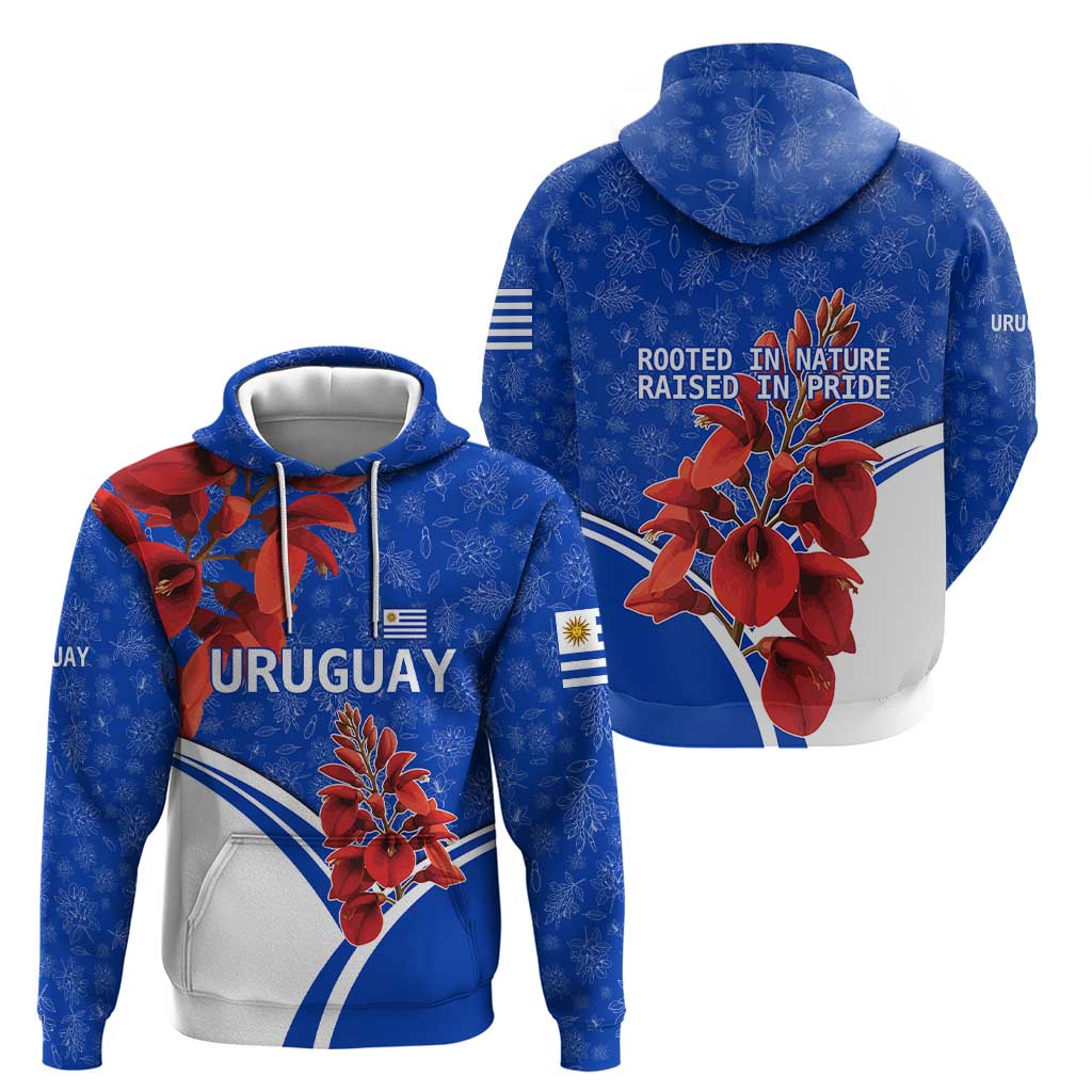 Uruguay Hoodie with Erythrina Flower Illustration Blue White Nature TS04