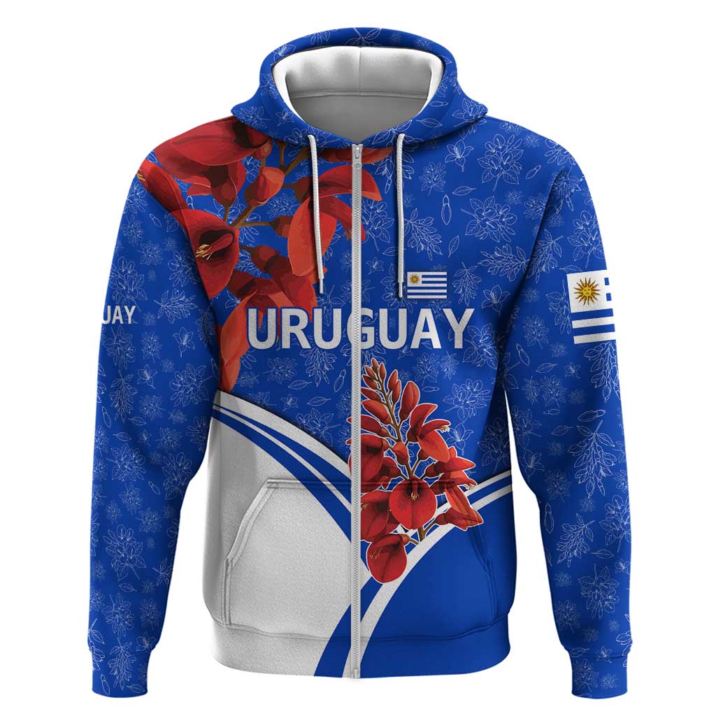Uruguay Hoodie with Erythrina Flower Illustration Blue White Nature TS04