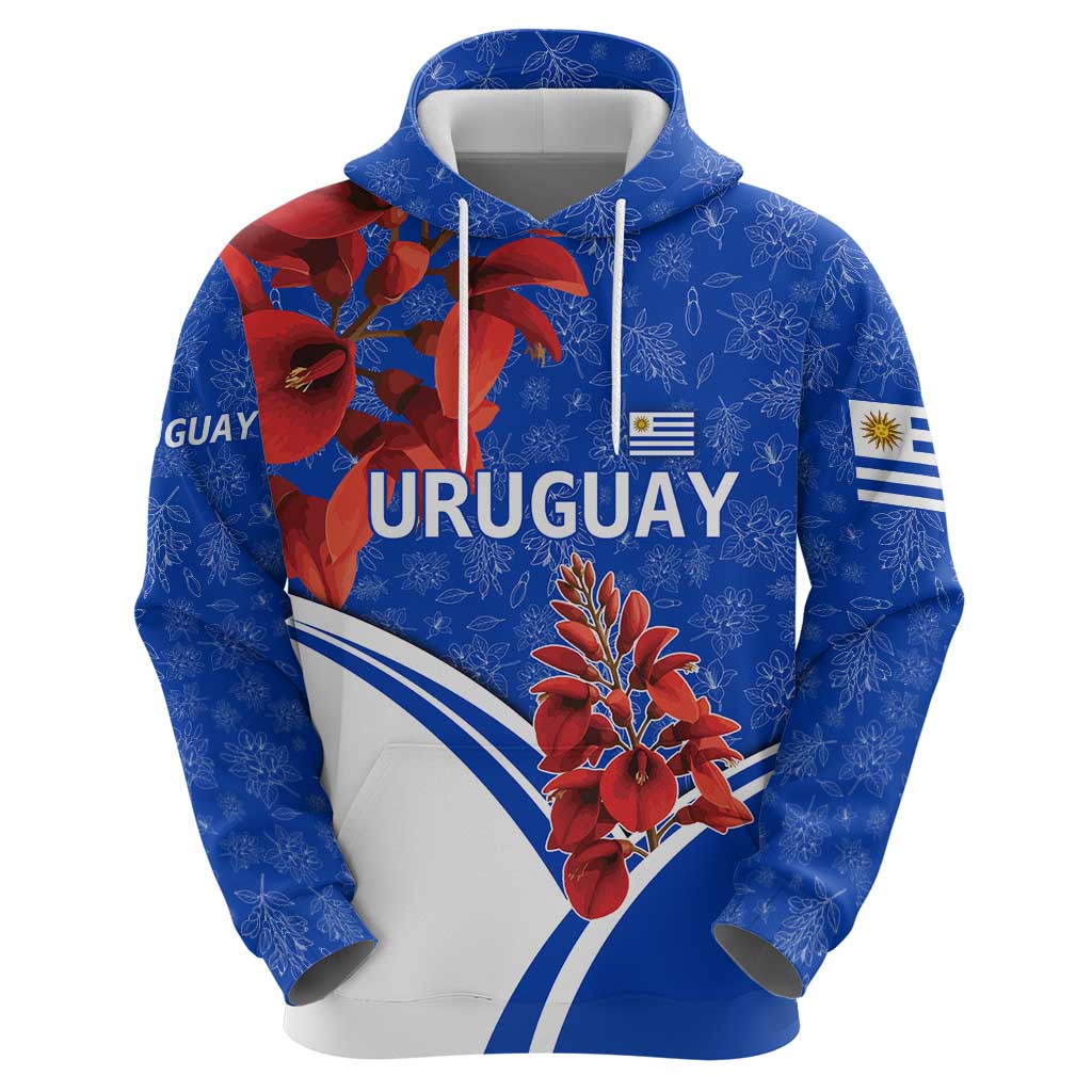 Uruguay Hoodie with Erythrina Flower Illustration Blue White Nature TS04