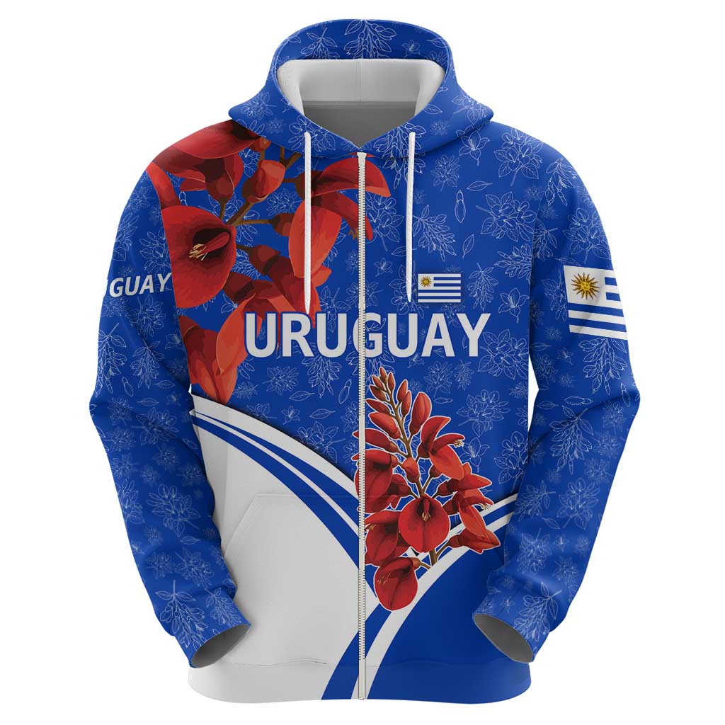 Uruguay Hoodie with Erythrina Flower Illustration Blue White Nature TS04