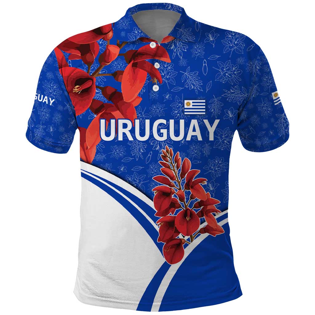 Uruguay Polo Shirt with Erythrina Flower Illustration Blue White Nature TS04