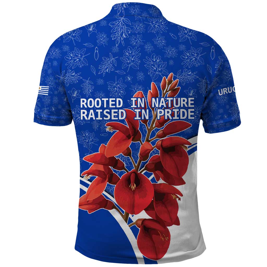 Uruguay Polo Shirt with Erythrina Flower Illustration Blue White Nature TS04
