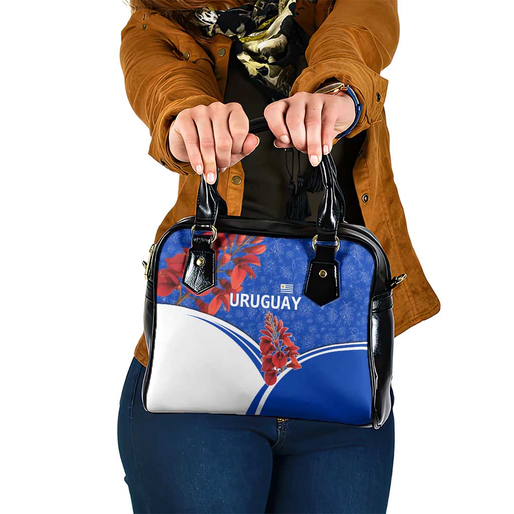 Uruguay Shoulder Handbag with Erythrina Flower Illustration Blue White Nature TS04