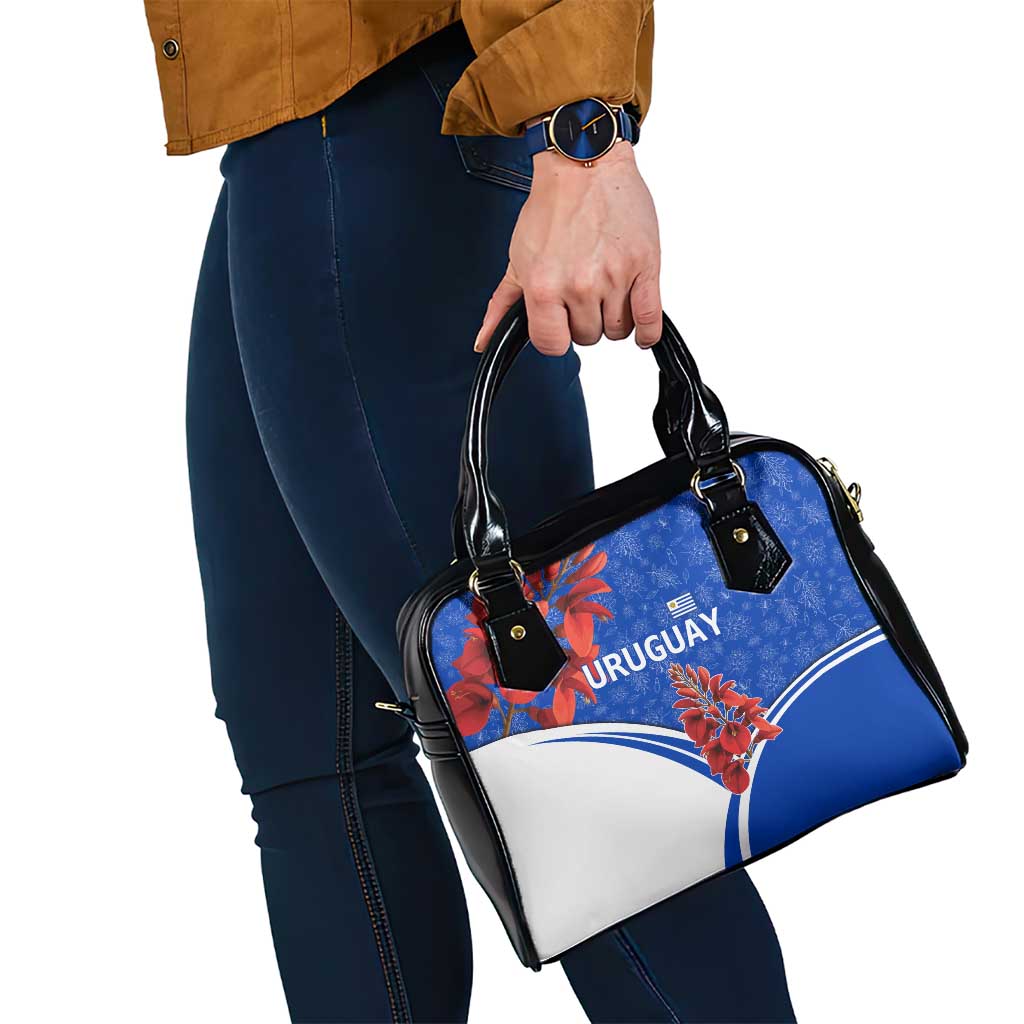 Uruguay Shoulder Handbag with Erythrina Flower Illustration Blue White Nature TS04