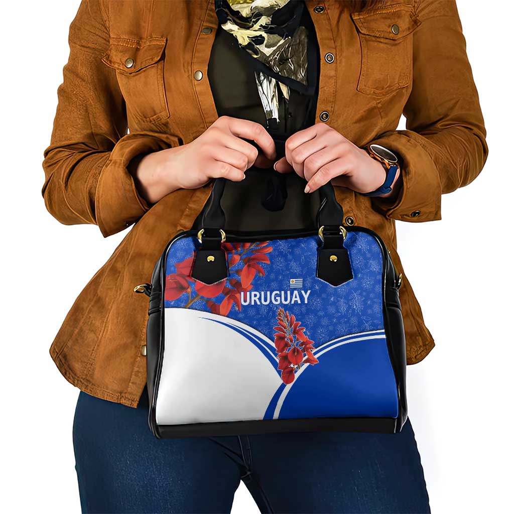 Uruguay Shoulder Handbag with Erythrina Flower Illustration Blue White Nature TS04
