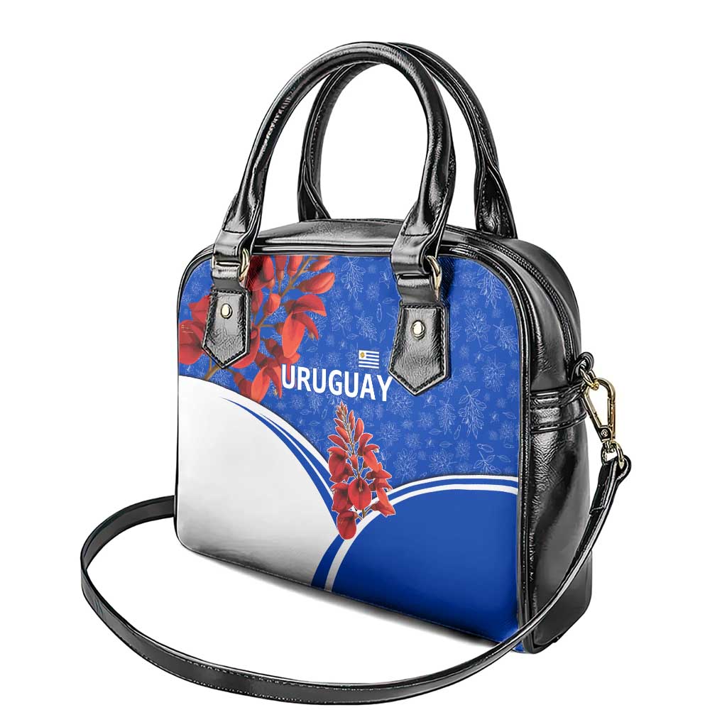 Uruguay Shoulder Handbag with Erythrina Flower Illustration Blue White Nature TS04