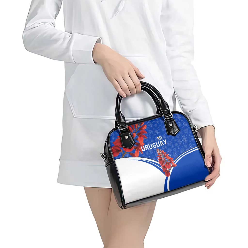 Uruguay Shoulder Handbag with Erythrina Flower Illustration Blue White Nature TS04
