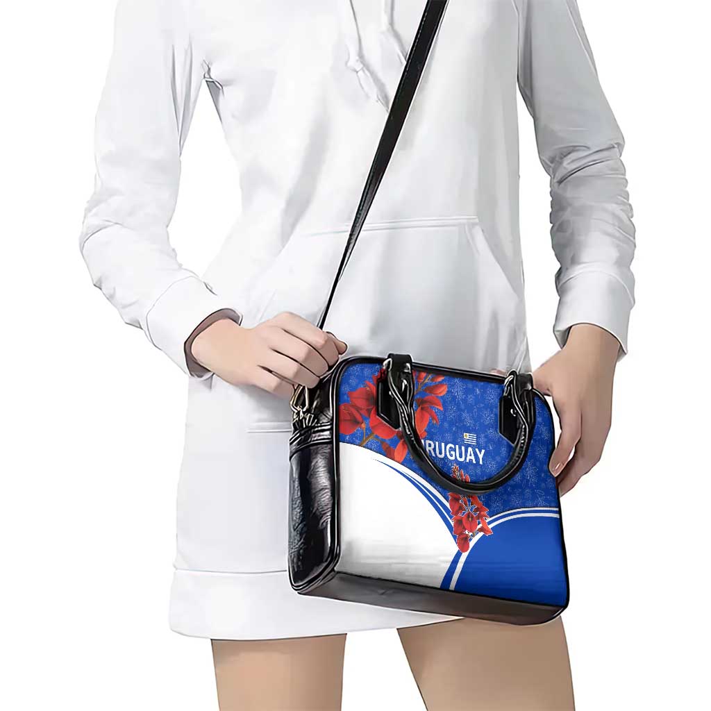 Uruguay Shoulder Handbag with Erythrina Flower Illustration Blue White Nature TS04
