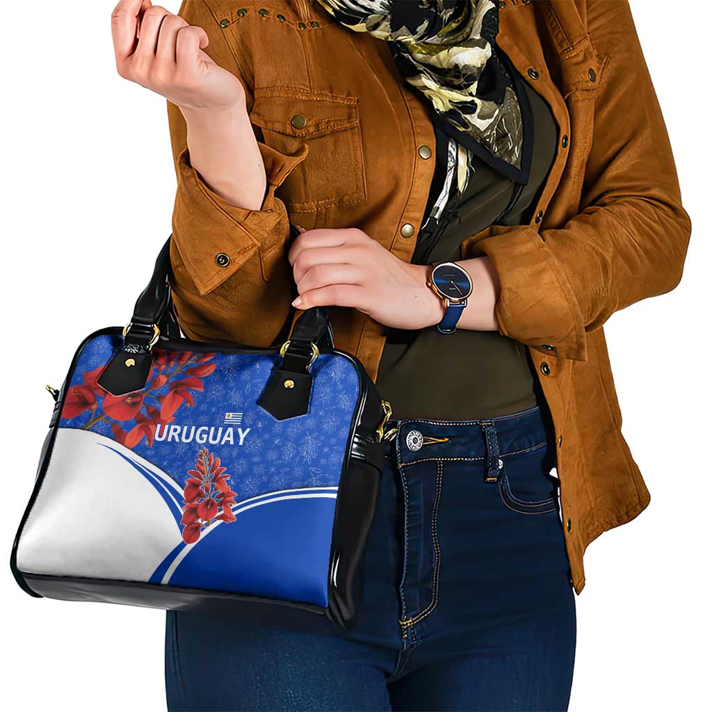 Uruguay Shoulder Handbag with Erythrina Flower Illustration Blue White Nature TS04