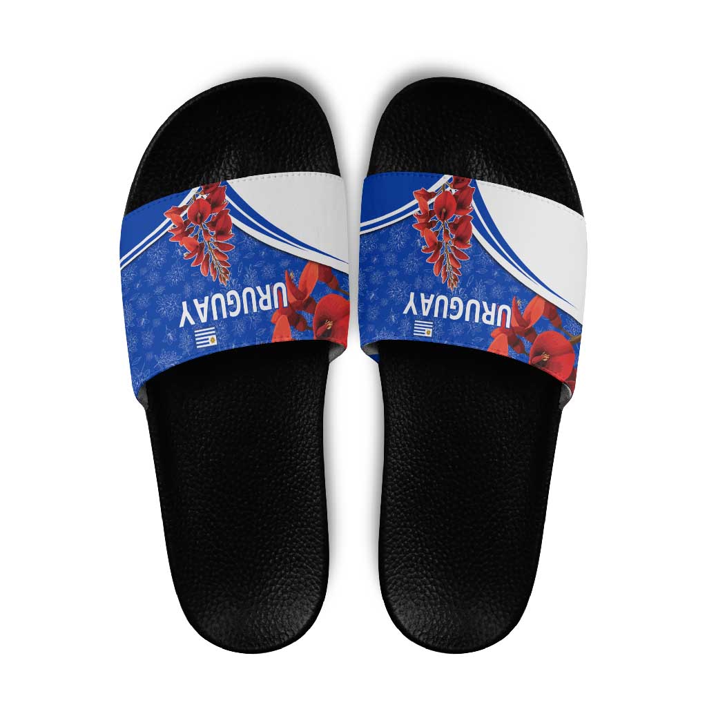 Uruguay Slide Sandals with Erythrina Flower Illustration Blue White Nature TS04