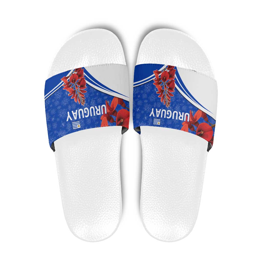 Uruguay Slide Sandals with Erythrina Flower Illustration Blue White Nature TS04