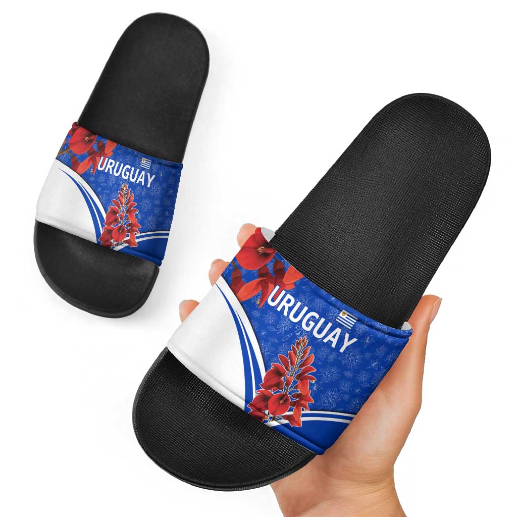 Uruguay Slide Sandals with Erythrina Flower Illustration Blue White Nature TS04