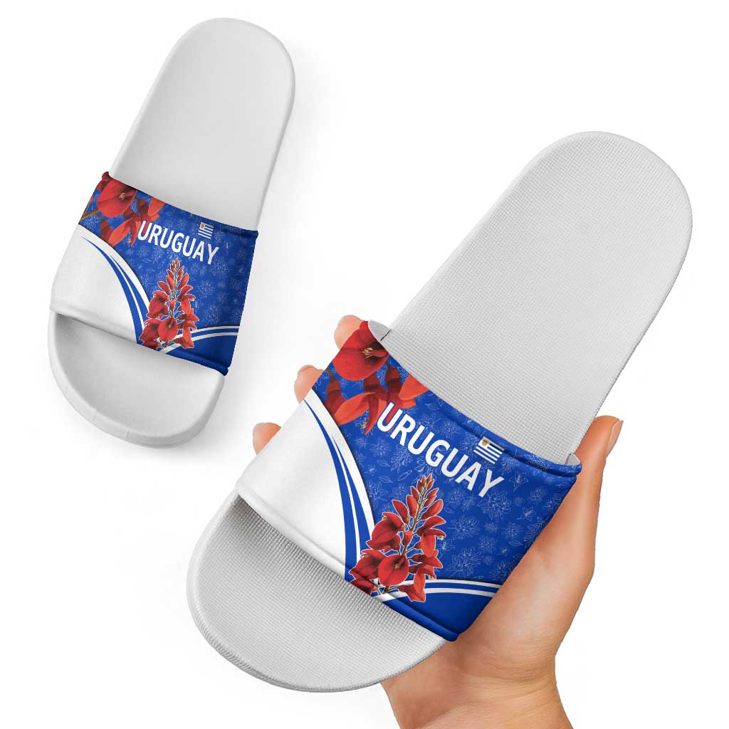 Uruguay Slide Sandals with Erythrina Flower Illustration Blue White Nature TS04
