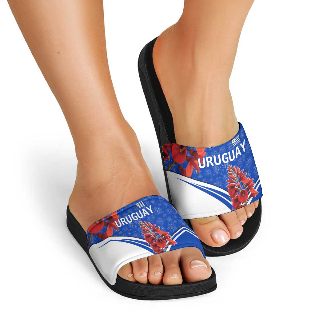 Uruguay Slide Sandals with Erythrina Flower Illustration Blue White Nature TS04