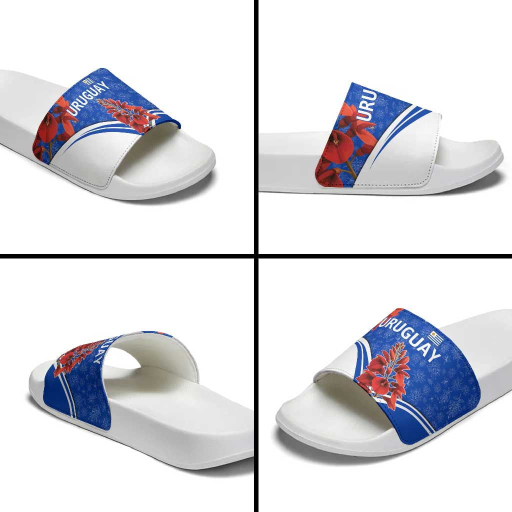 Uruguay Slide Sandals with Erythrina Flower Illustration Blue White Nature TS04
