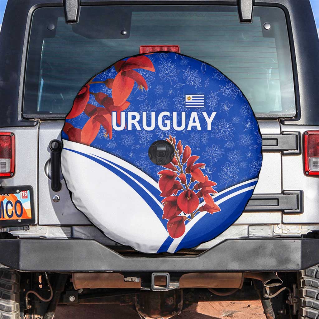 Uruguay Spare Tire Cover with Erythrina Flower Illustration Blue White Nature TS04