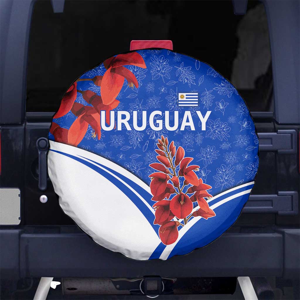 Uruguay Spare Tire Cover with Erythrina Flower Illustration Blue White Nature TS04