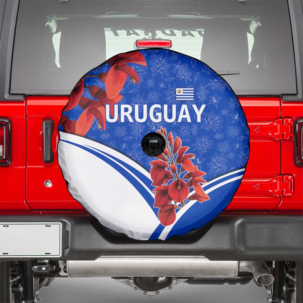Uruguay Spare Tire Cover with Erythrina Flower Illustration Blue White Nature TS04