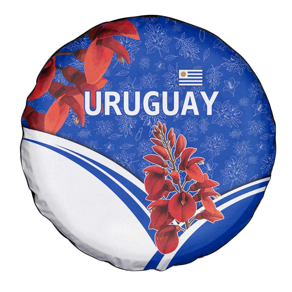 Uruguay Spare Tire Cover with Erythrina Flower Illustration Blue White Nature TS04