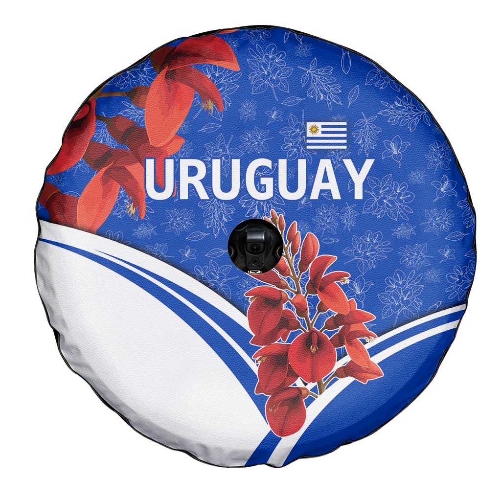 Uruguay Spare Tire Cover with Erythrina Flower Illustration Blue White Nature TS04