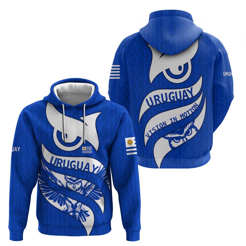 Uruguay Hoodie with Owl Illustration Blue White Abstract Motion Design TS04