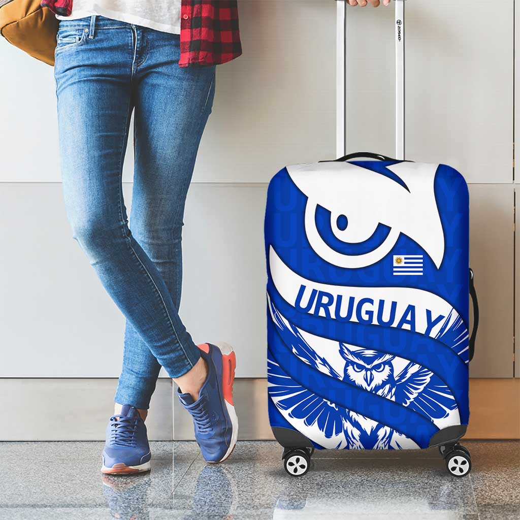 Uruguay Luggage Cover with Owl Illustration Blue White Abstract Motion Design TS04