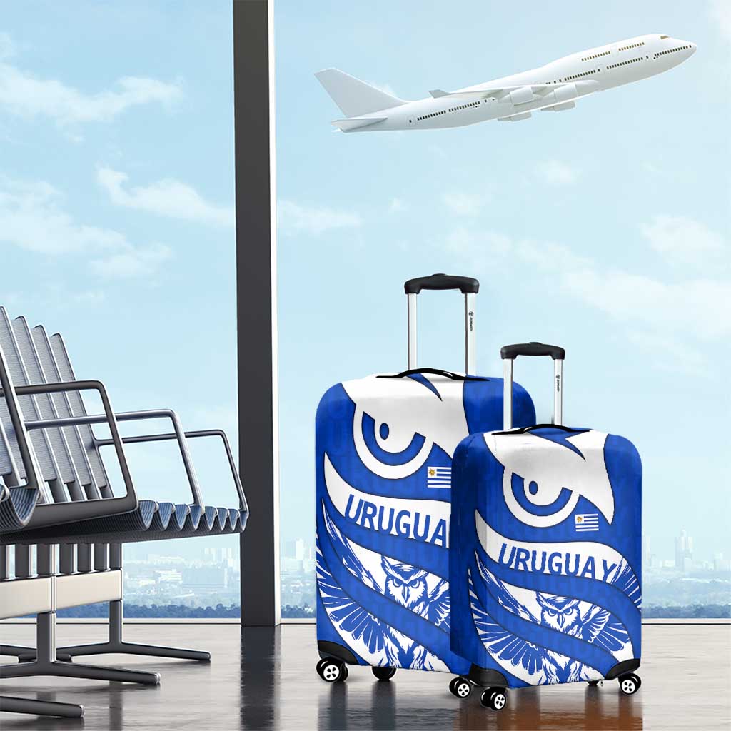 Uruguay Luggage Cover with Owl Illustration Blue White Abstract Motion Design TS04