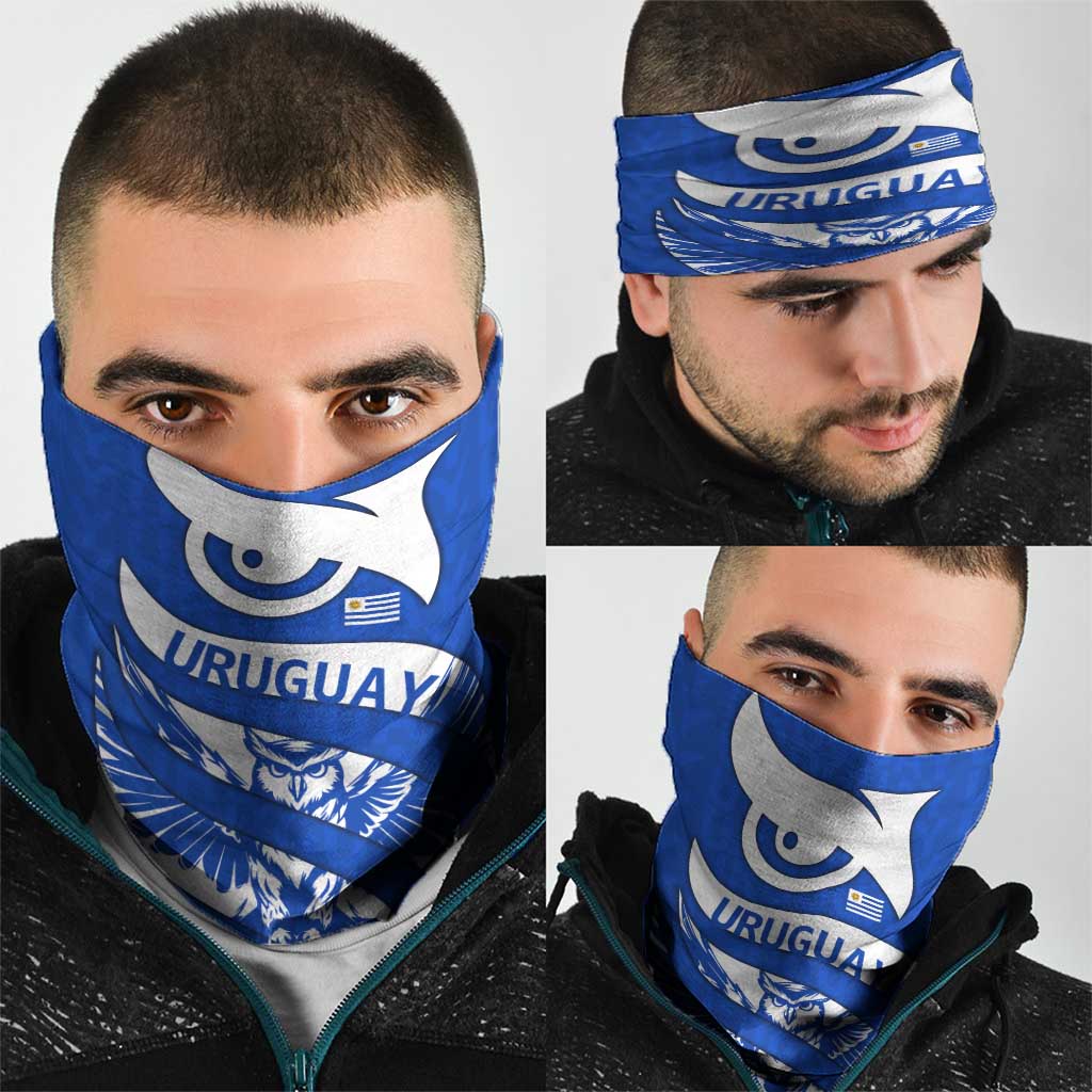 Uruguay Neck Gaiter with Owl Illustration Blue White Abstract Motion Design TS04