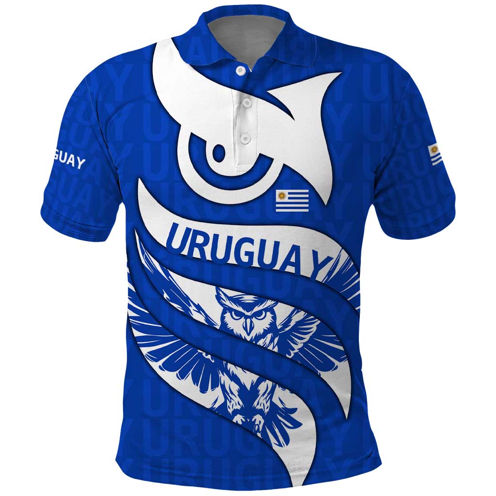 Uruguay Polo Shirt with Owl Illustration Blue White Abstract Motion Design TS04