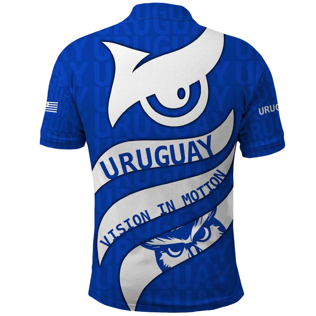 Uruguay Polo Shirt with Owl Illustration Blue White Abstract Motion Design TS04