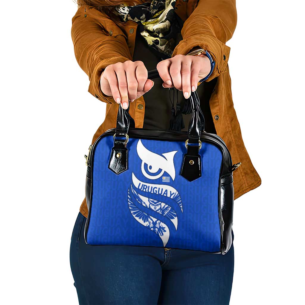 Uruguay Shoulder Handbag with Owl Illustration Blue White Abstract Motion Design TS04