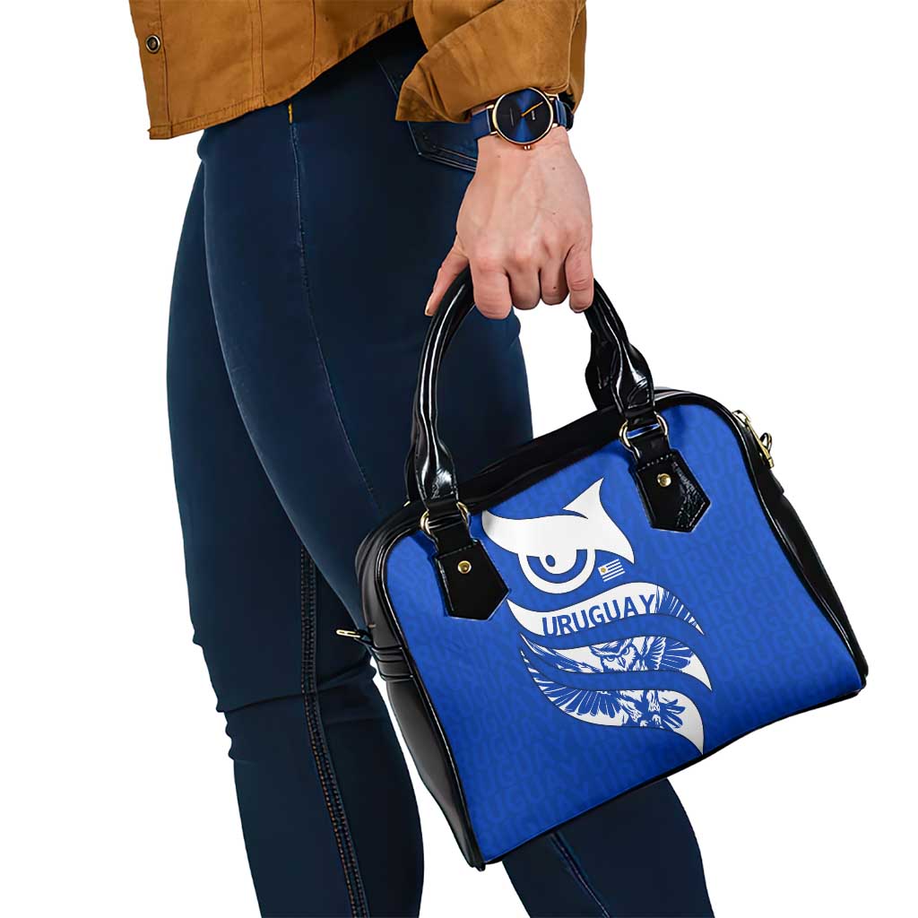 Uruguay Shoulder Handbag with Owl Illustration Blue White Abstract Motion Design TS04