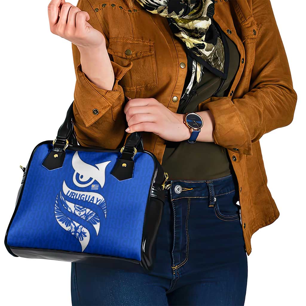 Uruguay Shoulder Handbag with Owl Illustration Blue White Abstract Motion Design TS04