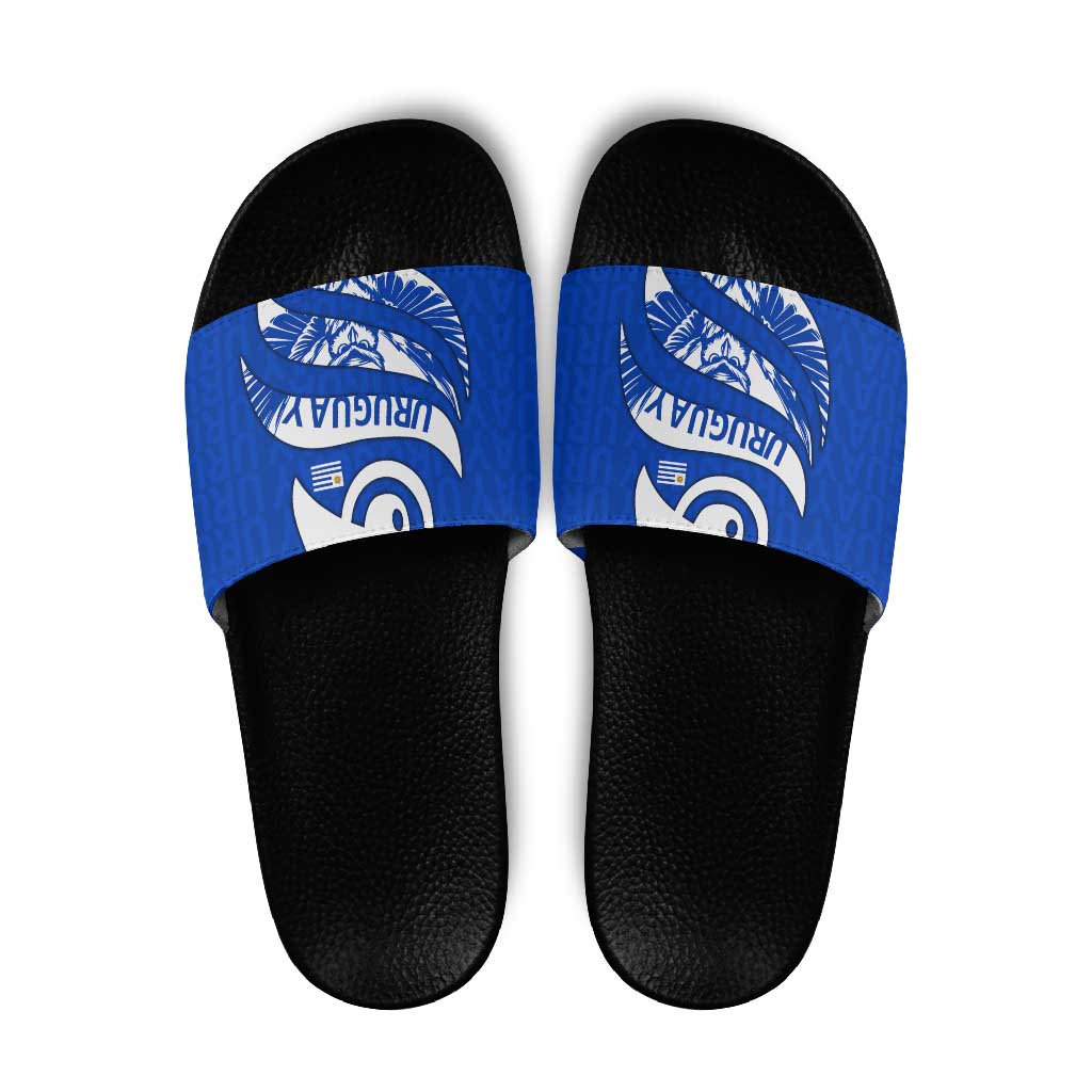 Uruguay Slide Sandals with Owl Illustration Blue White Abstract Motion Design TS04