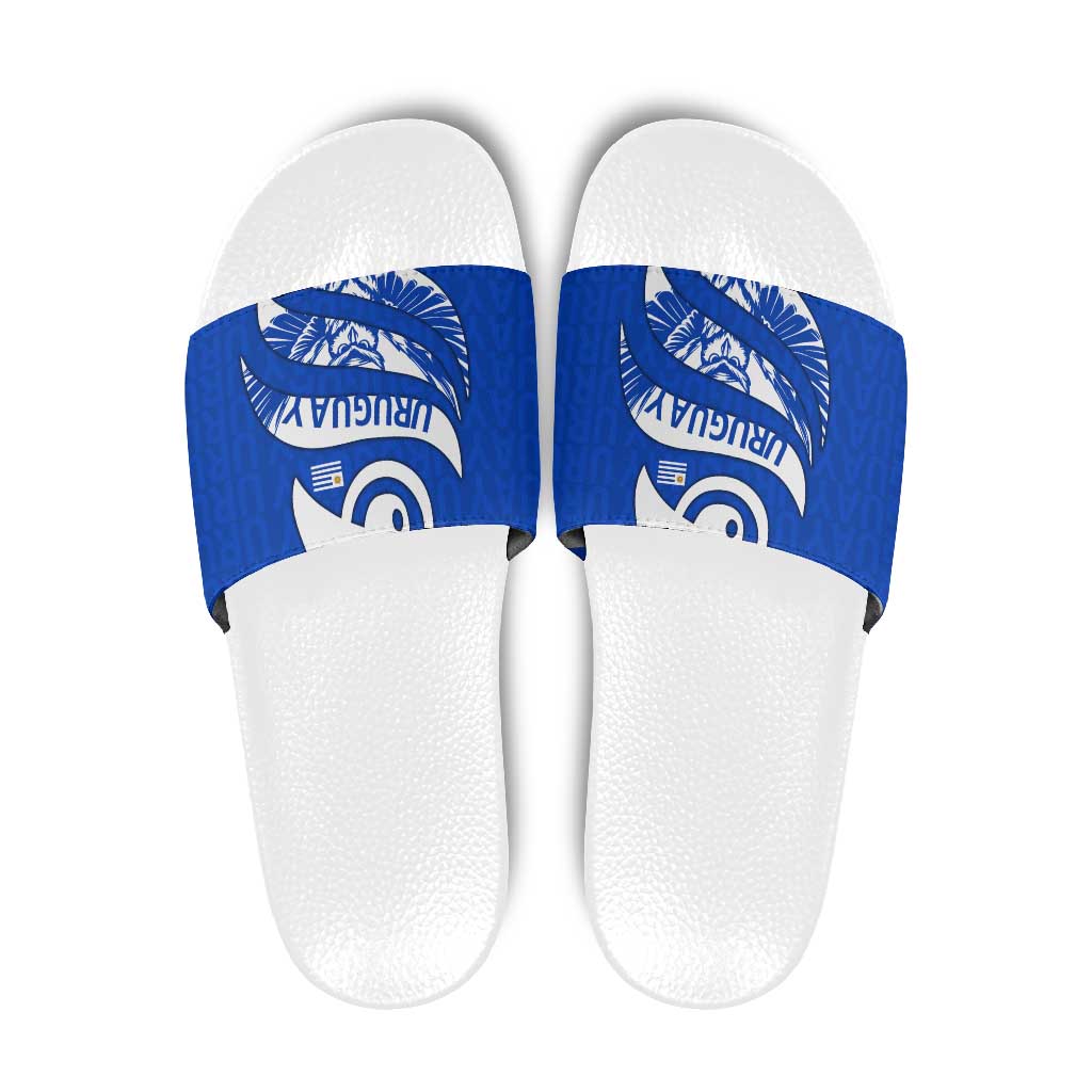 Uruguay Slide Sandals with Owl Illustration Blue White Abstract Motion Design TS04