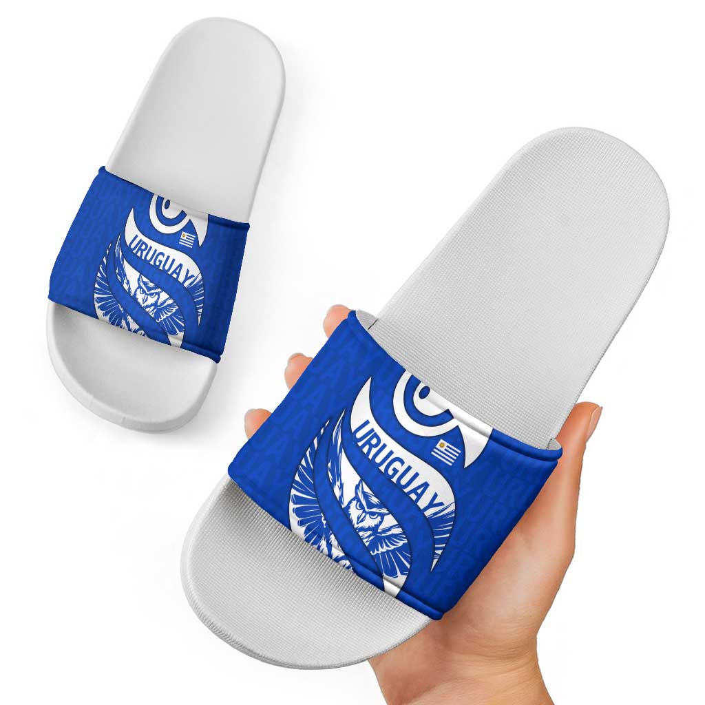 Uruguay Slide Sandals with Owl Illustration Blue White Abstract Motion Design TS04