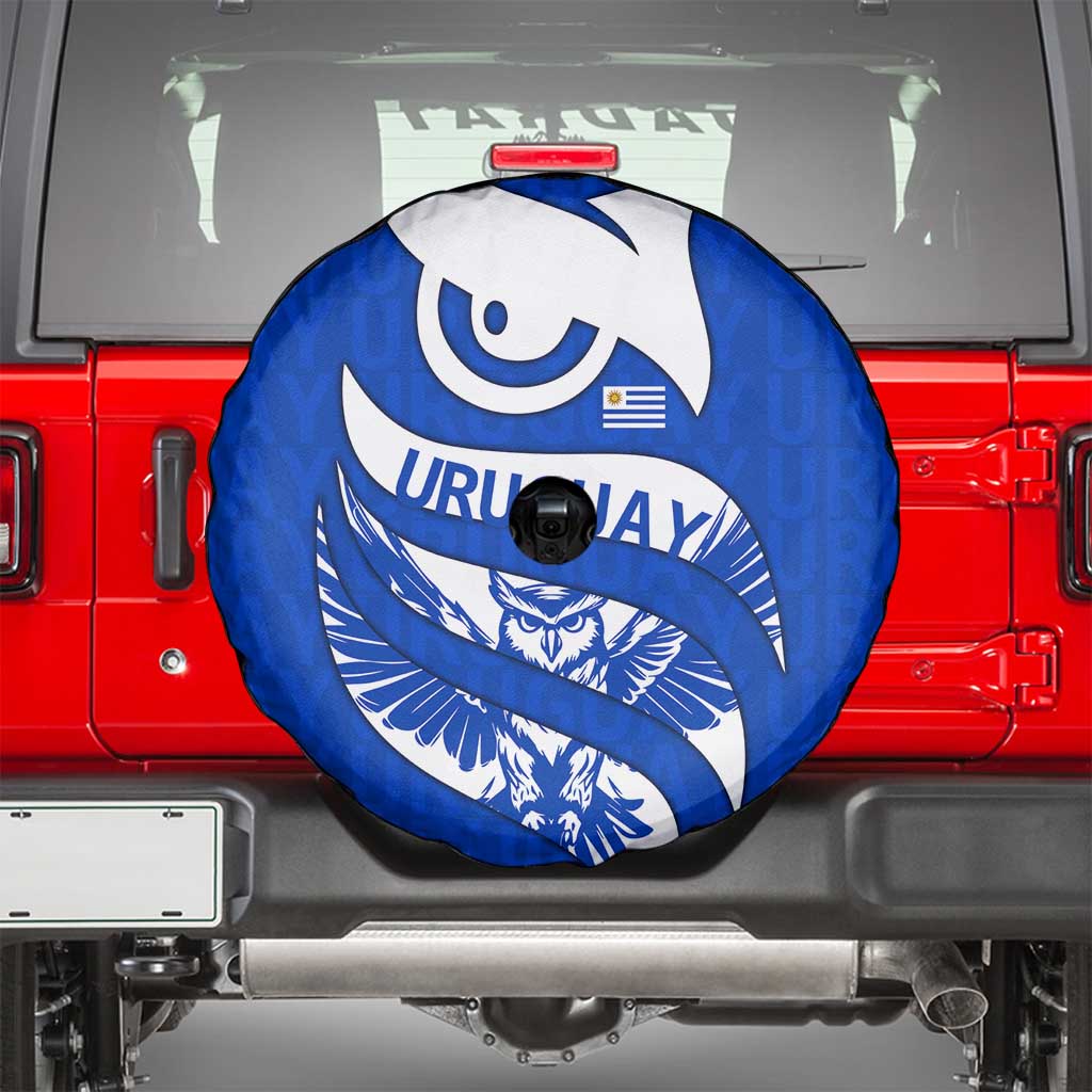Uruguay Spare Tire Cover with Owl Illustration Blue White Abstract Motion Design TS04