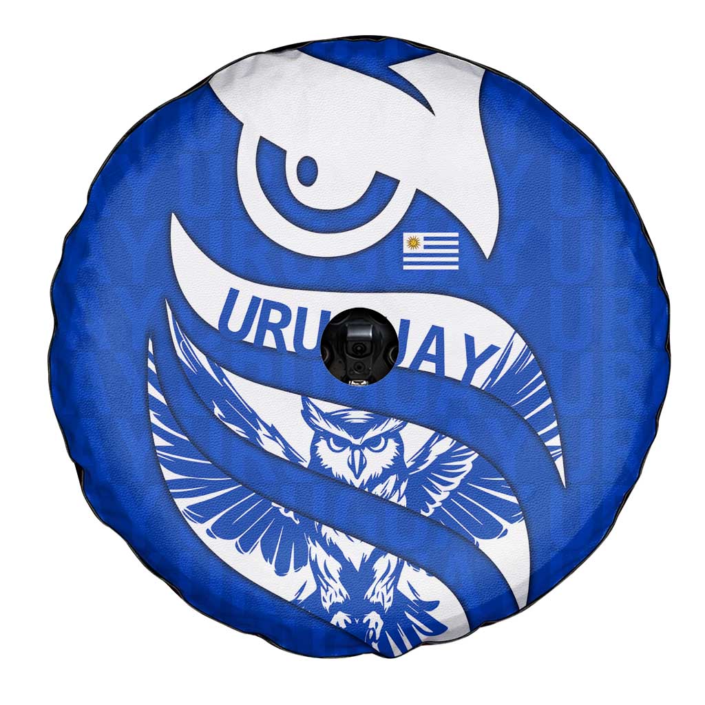 Uruguay Spare Tire Cover with Owl Illustration Blue White Abstract Motion Design TS04