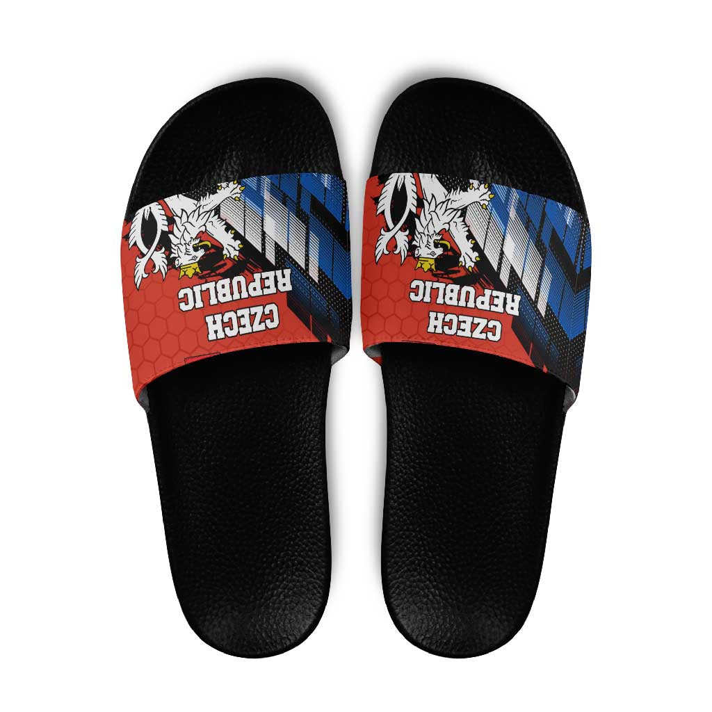Czech Republic Slide Sandals with Red Black Blue Brushstroke Design and National Lion TS04