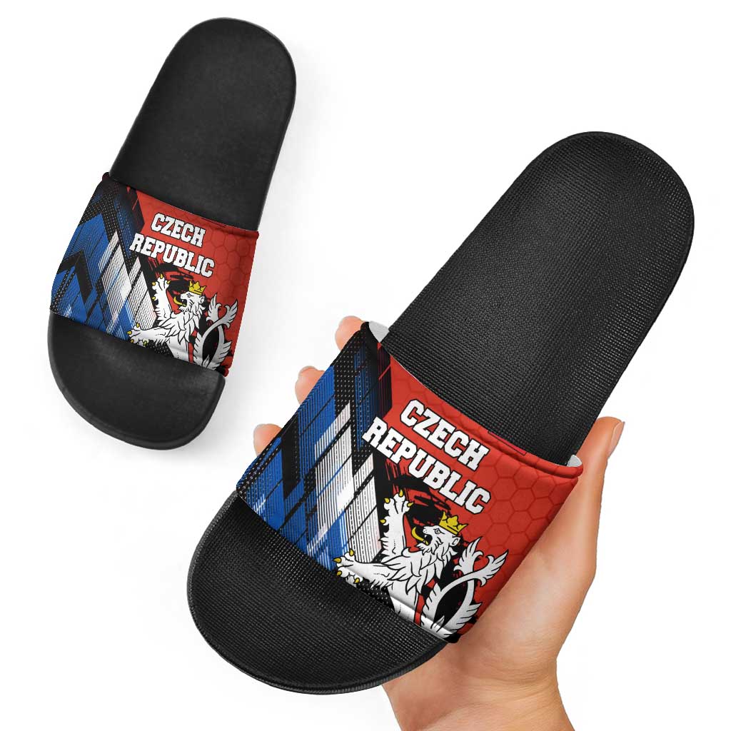 Czech Republic Slide Sandals with Red Black Blue Brushstroke Design and National Lion TS04