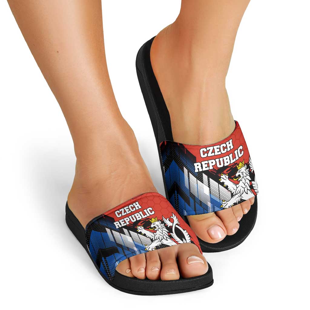 Czech Republic Slide Sandals with Red Black Blue Brushstroke Design and National Lion TS04