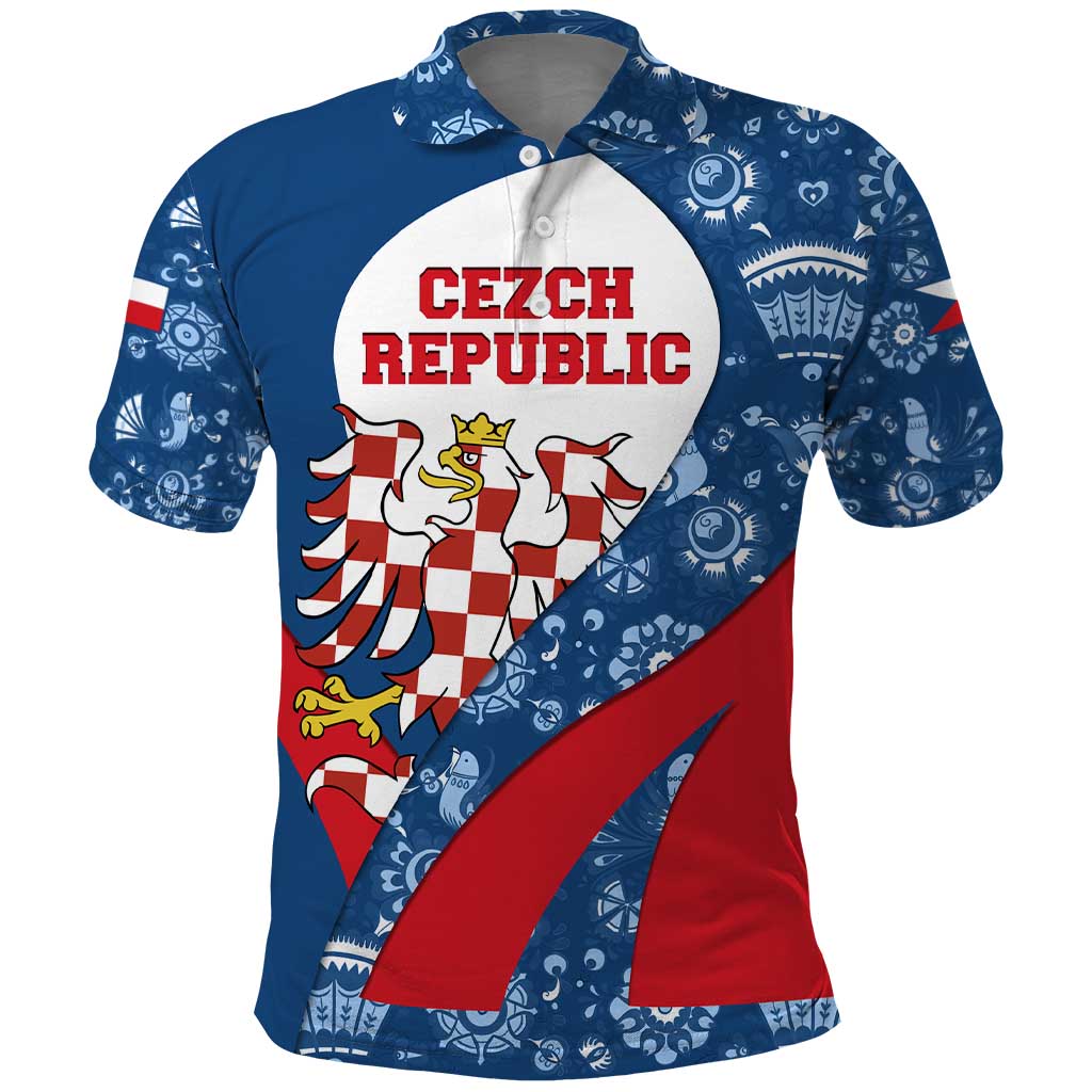 Czech Republic Polo Shirt with Blue Red Folk Pattern Design and National Lion Emblem TS04