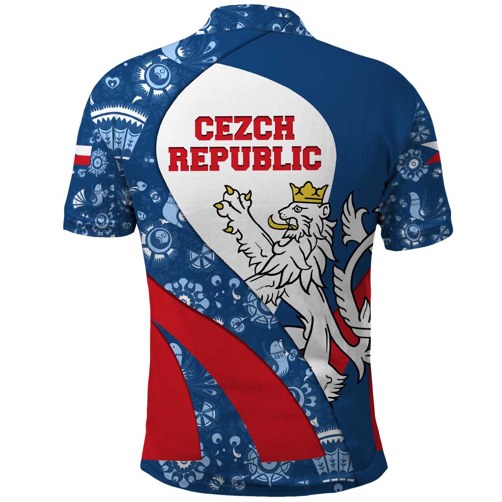 Czech Republic Polo Shirt with Blue Red Folk Pattern Design and National Lion Emblem TS04