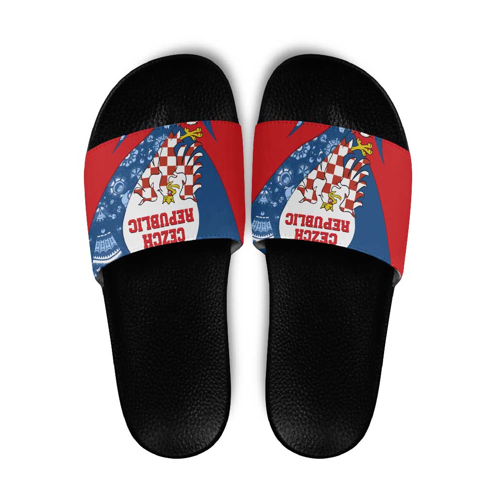 Czech Republic Slide Sandals with Blue Red Folk Pattern Design and National Lion Emblem TS04