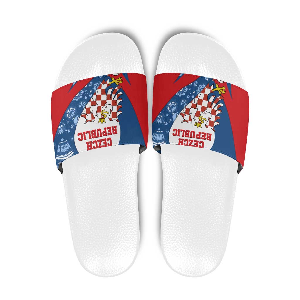 Czech Republic Slide Sandals with Blue Red Folk Pattern Design and National Lion Emblem TS04