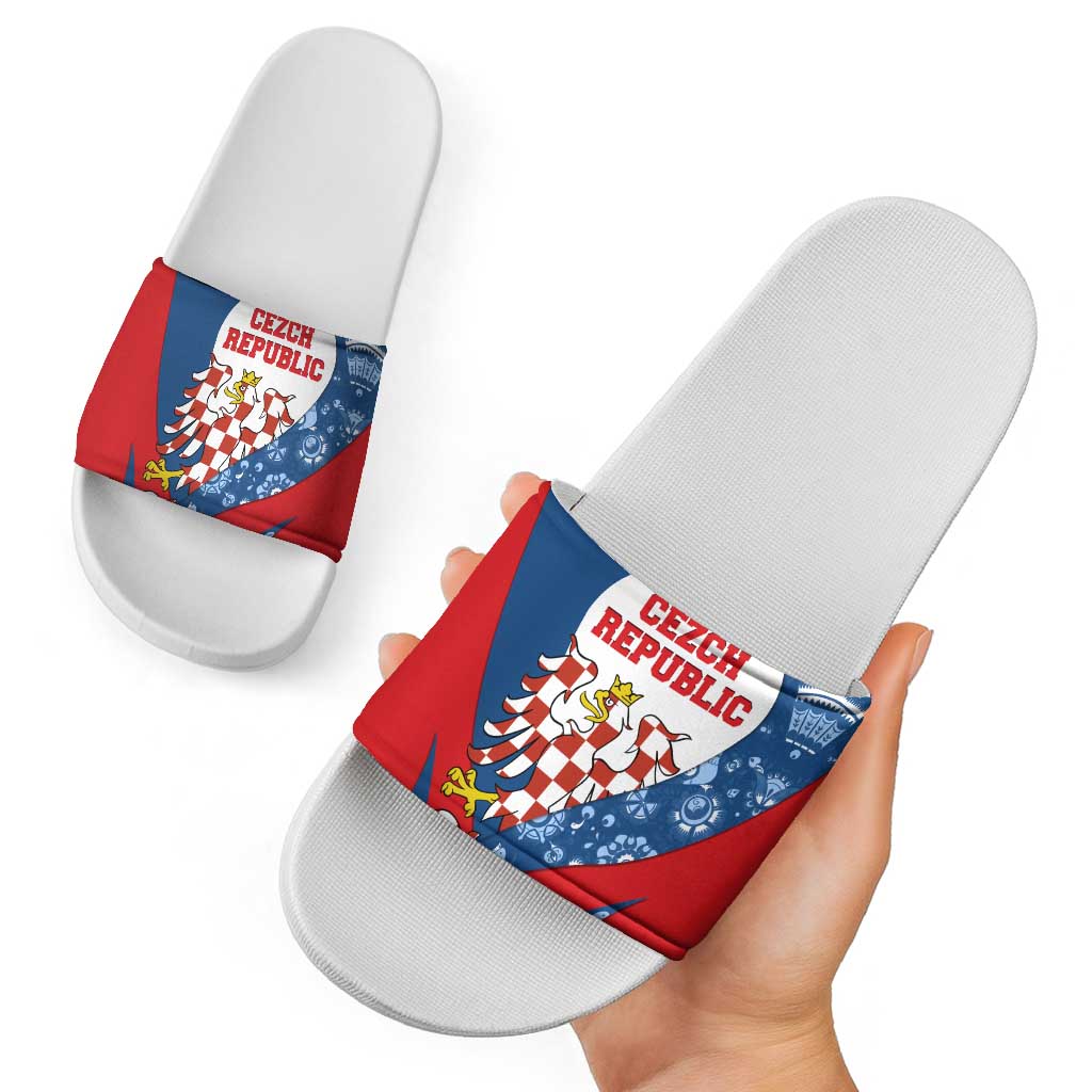 Czech Republic Slide Sandals with Blue Red Folk Pattern Design and National Lion Emblem TS04