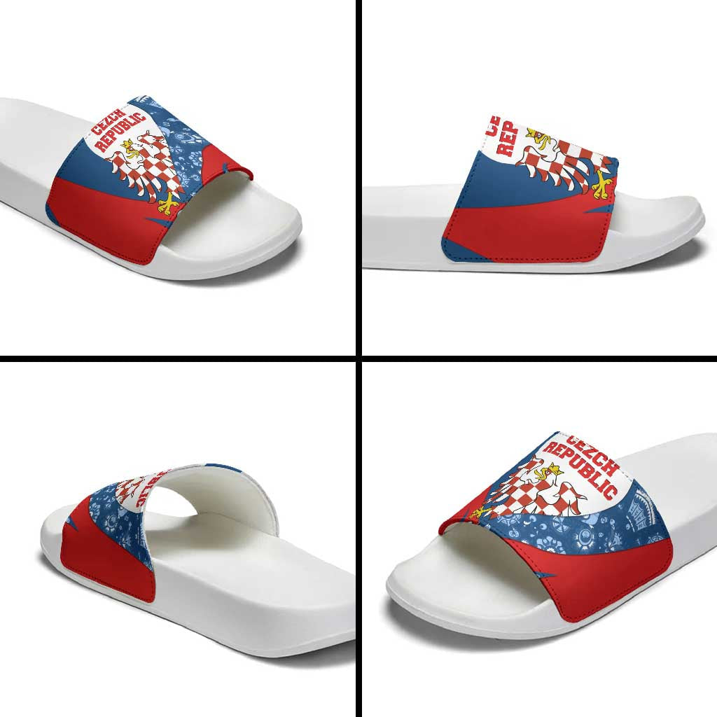 Czech Republic Slide Sandals with Blue Red Folk Pattern Design and National Lion Emblem TS04