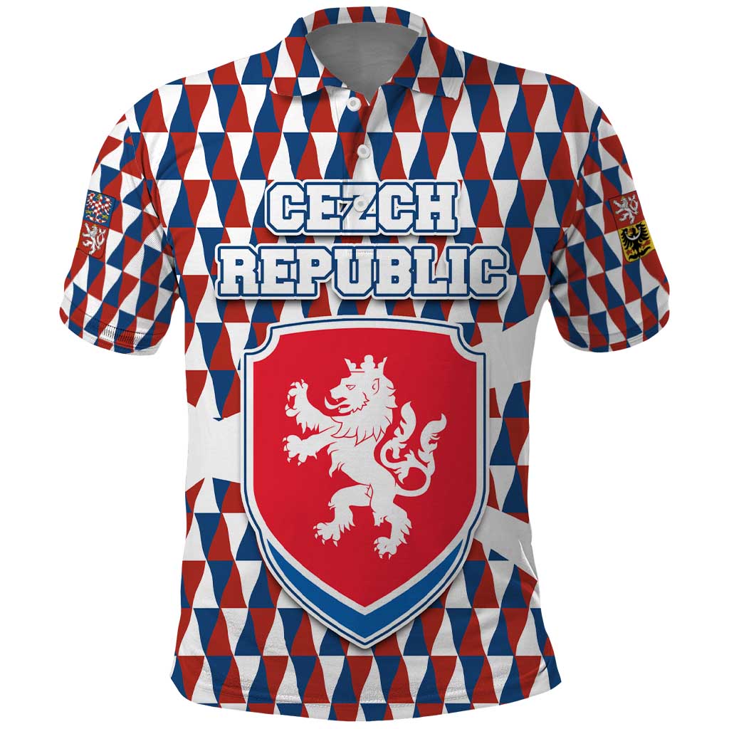 Czech Republic Polo Shirt with Red Blue Geometric Design and National Lion Shield TS04