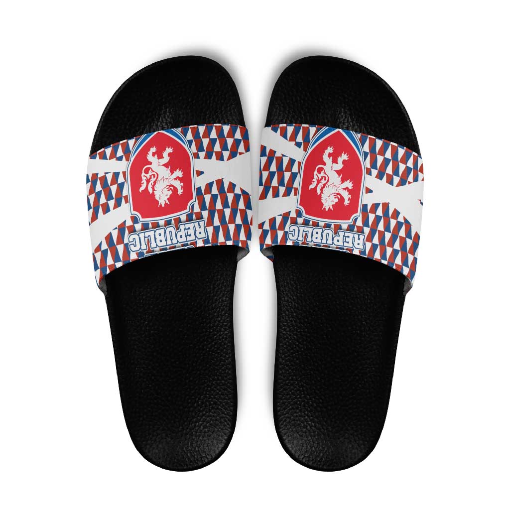 Czech Republic Slide Sandals with Red Blue Geometric Design and National Lion Shield TS04