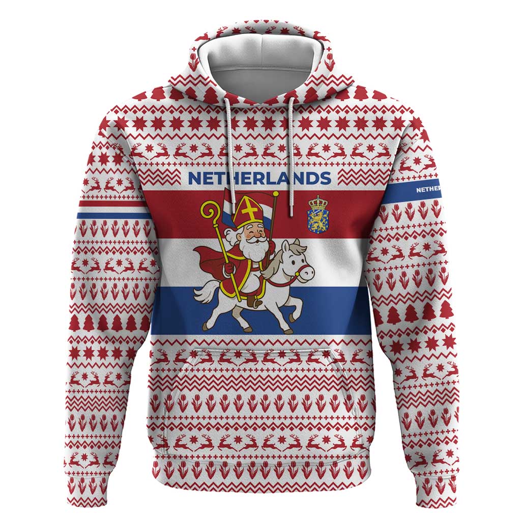Netherlands Christmas Hoodie with Sinterklaas Horse Dutch Flag and Festive Knit Pattern TS04